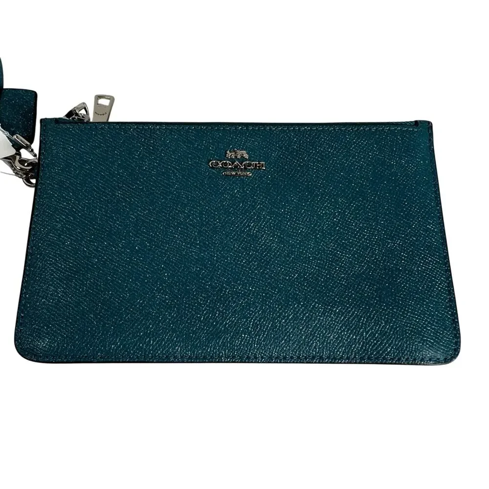 COACH Crosby Clutch Wristlet Dark Teal Glitter Crossgrain Leather F21020 NWT